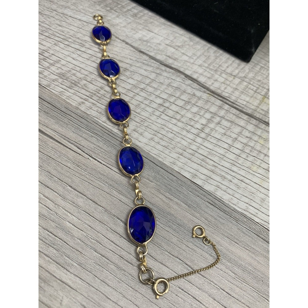 Gold-tone Chain Beaded Bracelet with Blue Oval Glass Stones, Spring Ring Closure - Picture 4 of 9